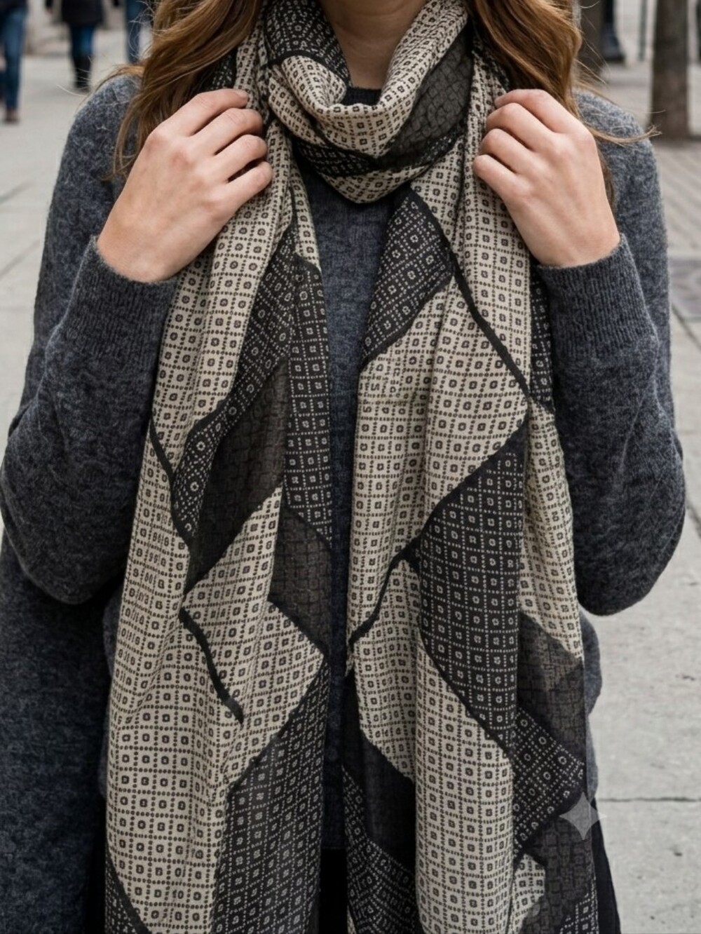 Black White Scarf Geometric Hair Accessory Silk like Satin Like